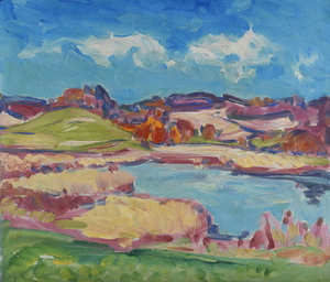 Werkverzeichnis Nr. 1363, um 1985, See in hügeligem Gelände,  Öl auf Karton, 49,0 x 57,0 cm