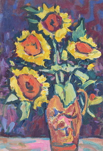 Werkverzeichnis Nr. 1404, um 1985, Sonnenblumen vor blauviolettem Hintergrund, Öl auf Hartfaser, 71,2 x 48,2 cm