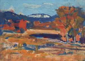 Werkverzeichnis Nr. 1354, um 1985, Teich mit Blick auf die Benedicktenwand, Öl auf Karton, 38,4 x 53,0 cm