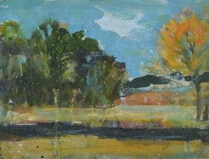 Werkverzeichnis Nr. 1366, um 1985, Mooslandschaft mit Bäumen, Öl auf Karton, 27,8 x 36,8 cm