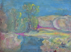 Werkverzeichnis Nr. 1359, um 1985, Bäume an einem Gewässer, Acryl, Öl auf Karton, 36,3 x 48,6 cm