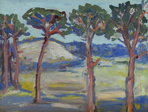Werkverzeichnis Nr. 1375,  1985, Kiefern vor einem Feld, Öl auf Karton, 37,2 x 48,5 cm