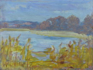 Werkverzeichnis Nr. 1367, um 1985, See mit Schilfgürtel, Öl auf Karton, 37,3 x 48,4 cm
