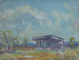 Werkverzeichnis Nr. 1373, um 1985, Dachauer Moos, Öl auf Karton, 37,5 x 48,9 cm