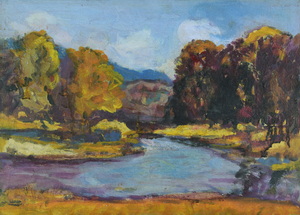 Werkverzeichnis Nr. 1361, um 1985, Flussbiegung mit Bäumen, Öl auf Karton, 38,4 x 52,8 cm