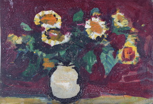Werkverzeichnis Nr. 1403, um 1985, Sonnenblumen in weißer Vase vor roter Wand, Öl auf Karton, 40,0 x 57,0 cm