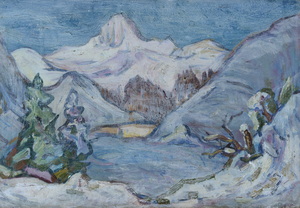 Werkverzeichnis Nr. 1395, um 1985, Schneebedeckte Gebirgslandschaft, Öl auf Karton, 40,3 x 57,5 cm