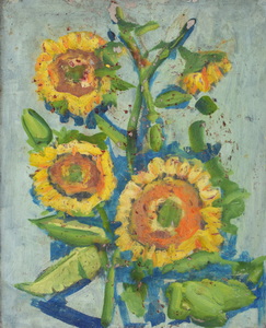Werkverzeichnis Nr. 1396, um 1985, Vier Sonnenblumenblüten, Öl auf Karton, 44,7 x 37,0 cm