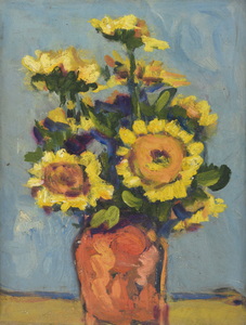 Werkverzeichnis Nr. 1397, um 1985, Sonnenblumen in brauner Vase, Öl auf Karton, 48,5 x 37,5 cm