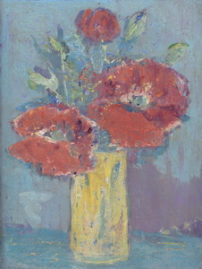 Werkverzeichnis Nr. 1406, um 1985, Annemonen in weißer Vase, Öl auf Karton, 48,8 x 37,7 cm