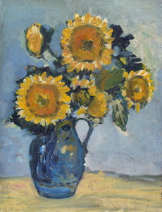 Werkverzeichnis Nr. 1398, um 1985, Sonnenblumen in blauer Vase, Öl auf Karton, 51,0 x 39,4 cm