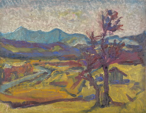Werkverzeichnis Nr. 1378, um 1985, Blick auf Herzogstand und Heimgarten, Öl auf Karton, 52,6 x 66,5 cm
