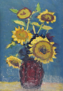 Werkverzeichnis Nr. 1399, um 1985, Sonnenblumen in brauner Vase vor blauer Wand, Öl auf Karton, 56,5 x 40,3 cm