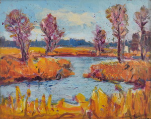 Werkverzeichnis Nr. 1368, um 1985, Mooslandschaft mit Bäumen und Gewässer, Öl auf Karton, 56,5 x 71,4 cm