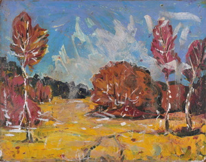 Werkverzeichnis Nr. 1371, um 1985, Mooslandschaft mit Bäumen, Öl auf Hartfaser, 56,6 x 71,0 cm