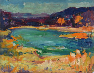 Werkverzeichnis Nr. 1365, um 1985, See in den Voralpen, Öl auf Hartfaser, 57,0 x 71,6 cm