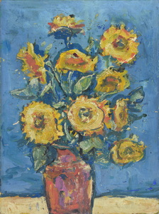 Werkverzeichnis Nr. 1400, um 1985, Sonnenblumen in hellbrauner Vase vor blauer Wand, Öl auf Karton, 59,4 x 44,7 cm