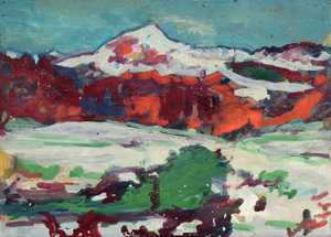 Werkverzeichnis Nr. 1394, um 1985, Schneebedeckter Berg im Winter, Öl auf Karton, 38,1 x 52,8 cm