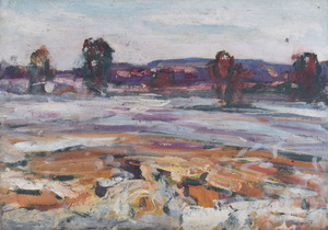 Werkverzeichnis Nr. 1369, um 1985,  Mooslandschaft im Winter, Acryl auf Karton, 38,1 x 53,3 cm