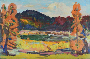 Werkverzeichnis Nr. 1355, um 1984, Teich mit Bäumen und Hügel, Acryl auf Karton, 40,2 x 62,6 cm