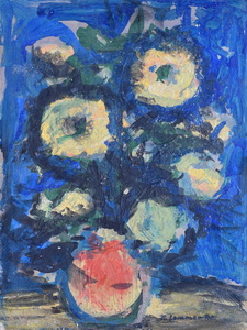 Werkverzeichnis Nr. 1431, 1986, Chrysanthemen in roter Vase, Acryl auf Karton, 59,0 x 44,5 cm