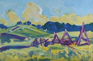 Werkverzeichnis Nr. 1411, um 1986, Blick auf Bäume und einen Gebirgsstock, Öl auf Karton, 24,8 x 32,8 cm