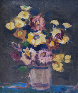 Werkverzeichnis Nr. 1432, um 1986, Blumenstillleben, Öl auf Hartfaser, 42,6 x 35,2 cm