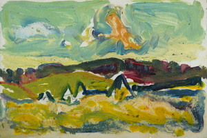 Werkverzeichnis Nr. 1410, um 1986, Hügelige Landschaft mit Heuhocken, Acryl auf Karton, 13,1 x 19,5 cm