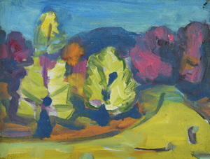 Werkverzeichnis Nr. 1421, um 1986, Bäume mit Bergen, Acryl auf Karton, 24,8 x 32,8 cm
