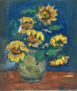 Werkverzeichnis Nr. 1433, um 1986, Sonnenblumen in grauer Vase, Öl auf Leinwand, 33,7 x 28,5 cm