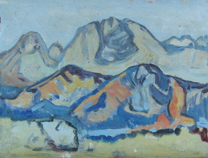 Werkverzeichnis Nr. 1427, um 1986, Berglandschaft, Acryl auf Karton, 37,2 x 48,5 cm