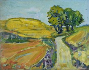 Werkverzeichnis Nr. 1409, um 1986, Weg auf einen leicht ansteigenden Hügel mit Bäumen, Öl auf Karton, 37,7 x 48,4 cm