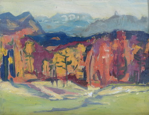 Werkverzeichnis Nr. 1412, um 1986, Blick auf die Ammergauer Alpen mit Ettaler Manndl, Öl auf Karton, 37,7 x 49,2 cm
