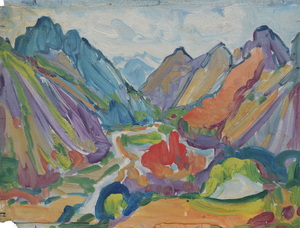 Werkverzeichnis Nr. 1429, um 1986, Blick in ein Gebirgstal, Öl auf Hartfaser, 38,2 x 50,2 cm