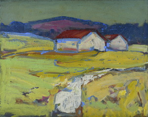 Werkverzeichnis Nr. 1413, um 1986, Zwei Häuser in hügeliger Landschaft, Acryl auf Karton, 38,5 x 48,6 cm