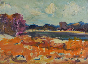 Werkverzeichnis Nr. 1415, um 1986, Gewässer mit Bäumen und Wald, Öl auf Karton, 38,6 x 53,0 cm