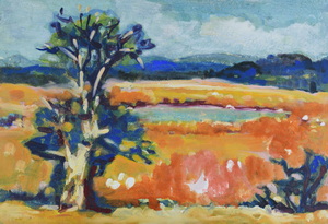 Werkverzeichnis Nr. 1417, um 1986, Mooslandschaft mit Baum, Acryl auf Karton, 39,4 x 57,4 cm