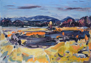 Werkverzeichnis Nr. 1419, um 1986, Bayerische Voralpenlandschaft mit See, Öl auf Karton, 40,0 x 57,3 cm