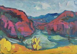 Werkverzeichnis Nr. 1420, um 1986, Blick in eine Gebirgstal, Acryl auf Karton, 40,1 x 56,9 cm