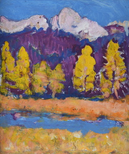 Werkverzeichnis Nr. 1422, um 1986, Gewässer mit Bäumen vor Bergen, Öl auf Hartfaser, 44,2 x 38,0 cm