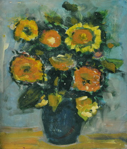 Werkverzeichnis Nr. 1434, um 1986, Sonnenblumen in dunkelblauer Vase,  Öl auf Karton, 56,5 x 71,0 cm
