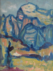 Werkverzeichnis Nr. 1423, um 1986, Blick auf ein Gebirgsmassiv,  Acryl auf Karton, 48,5 x 37,0 cm