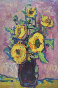 Werkverzeichnis Nr. 1436, um 1986, Sonnenblumen vor pinkem Hintergrund, Öl auf Karton, 60,5 x 40,0 cm