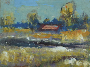 Werkverzeichnis Nr. 1418, um 1986, Dachauer Moos mit Torfhütte, Acryl, Öl auf Karton, 32,2 x 45,1 cm
