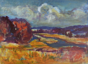Werkverzeichnis Nr. 1416, um 1986, Bach mit einer Insel und Bäumen, Öl auf Karton, 38,3 x 53,0 cm