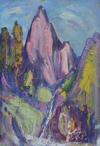 Werkverzeichnis Nr. 1430, um 1986, Bergspitze, Öl auf Karton, 57,8 x 40,2 cm
