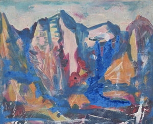 Werkverzeichnis Nr. 1448, um 1987, Blick auf eine Gebirgswand, Öl auf Karton, 38,4 x 46,4 cm