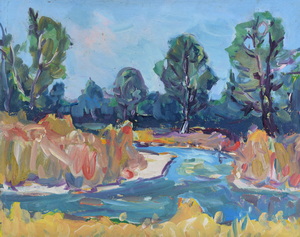 Werkverzeichnis Nr. 1438, um 1987, Gewässer mit Bäumen in flacher Landschaft, Acryl auf Karton, 56,7 x 71,2 cm