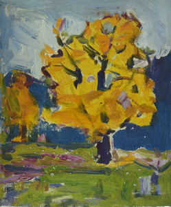 Werkverzeichnis Nr. 1447, um 1987, Skizze eines gelb gefärbten Baumes, Öl auf Karton, 30,0 x 25,1 cm