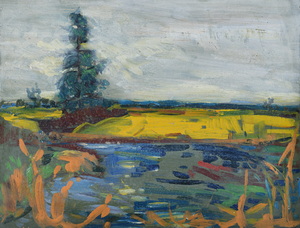 Werkverzeichnis Nr. 1439, um 1987, Mooslandschaft mit Tümpel und Tanne, Öl auf Karton, 30,0 x 39,4 cm